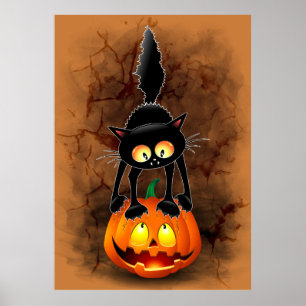 Affiche Chat Halloween personnage de dessin effrayé debout
