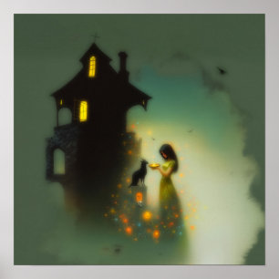 Affiche Chat House Chat Horns Abstrait Witchy AI Art Matte