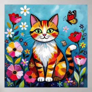 Affiche Chat Impasto, Fleurs & Papillon
