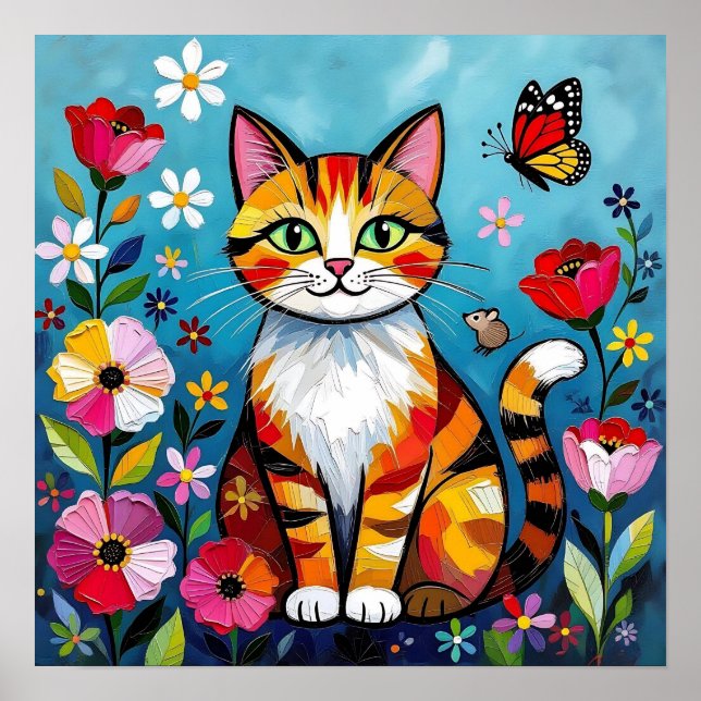 Affiche Chat Impasto, Fleurs & Papillon (Devant)