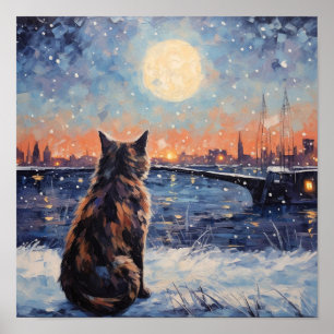 Affiche Chat impressionniste surplombant l'eau en hiver