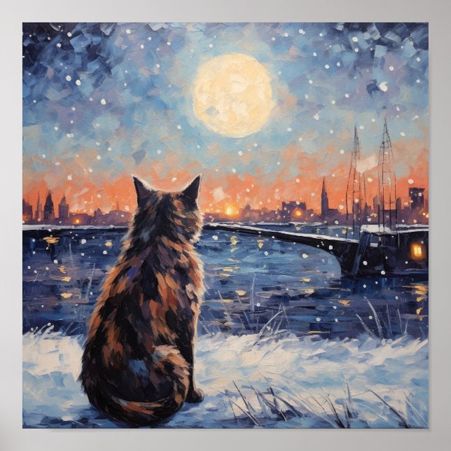 Affiche Chat impressionniste surplombant l'eau en hiver (Devant)