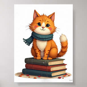 Affiche Chat Introverti Lisant des Livres Automne Cosy Kaw