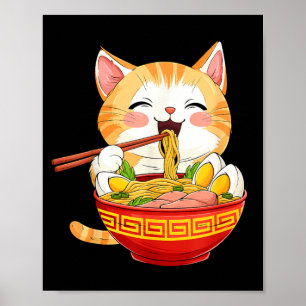 Affiche Chat japonais mangeant des nouilles ramen kawaii d
