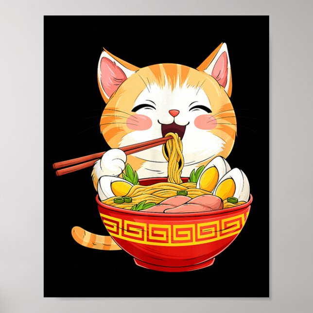 Affiche Chat japonais mangeant des nouilles ramen kawaii d (Devant)