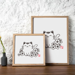 Affiche Chat japonais mignon et Sakura avec timbre "Neko"