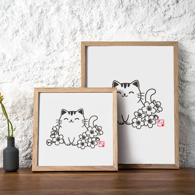 Affiche Chat japonais mignon et Sakura avec timbre "Neko" (Créateur téléchargé)