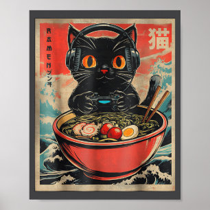 Affiche Chat japonais rétro Ramen drôle de chat de joueur