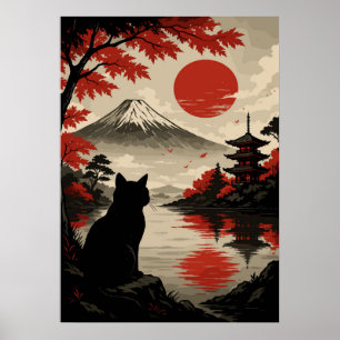 Affiche Chat japonais Sunset avec le Mont Fuji et la Pagod