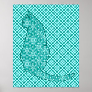 Affiche Chat japonais - Turquoise et Aqua
