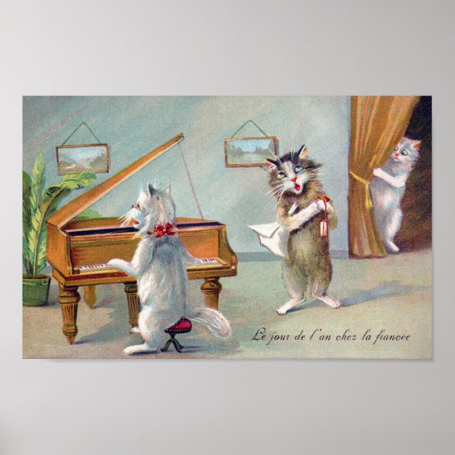 Affiche Chat jouant du piano, Louis Wain (Devant)