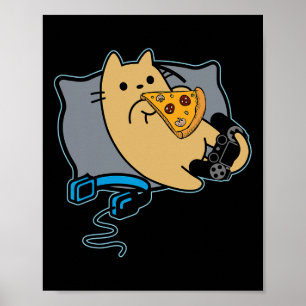 Affiche Chat joueur gourmand de pizza nerd jeu en pause