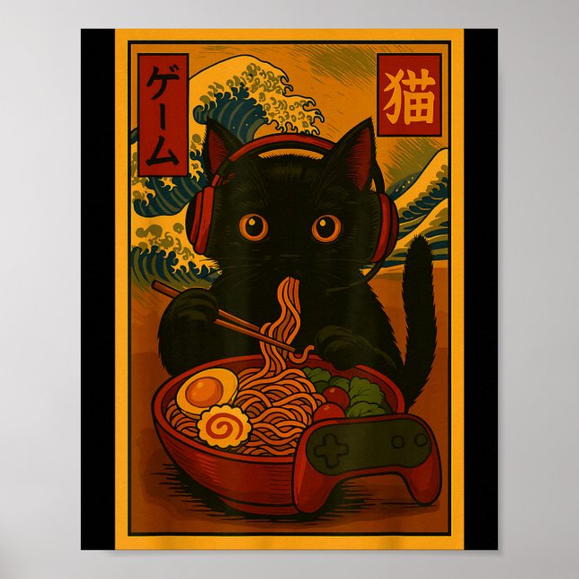 Affiche Chat joueur mangeant du Ramen à la japonaise  (Devant)