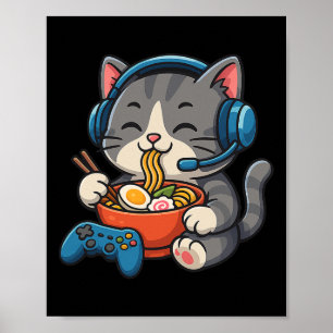 Affiche Chat joueur mangeant du Ramen - Amoureux de jeu co