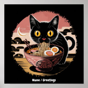 Affiche Chat Kawaii Mignon Mangeant des Nouilles Ramen Drô