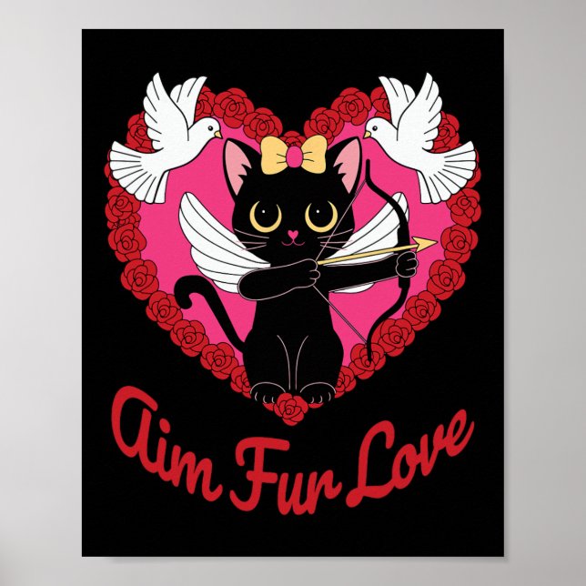 Affiche Chat Kawaii Noir Cupide Avec Coeur Et Fourrure De  (Devant)
