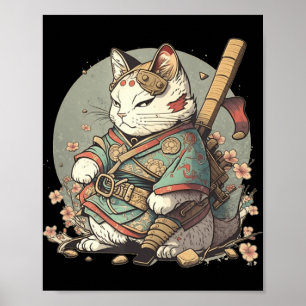 Affiche Chat Kawaii Style Samurai Anime Kitten japonais