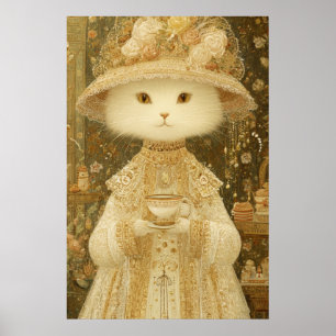 Affiche Chat Lady Snow – Chat victorien avec tasse à thé