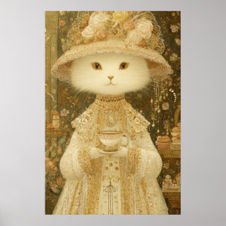 Affiche Chat Lady Snow – Chat victorien avec tasse à thé