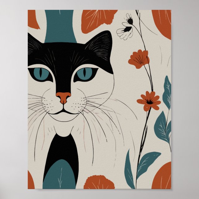Affiche Chat Lined avec fleurs colorées (Devant)