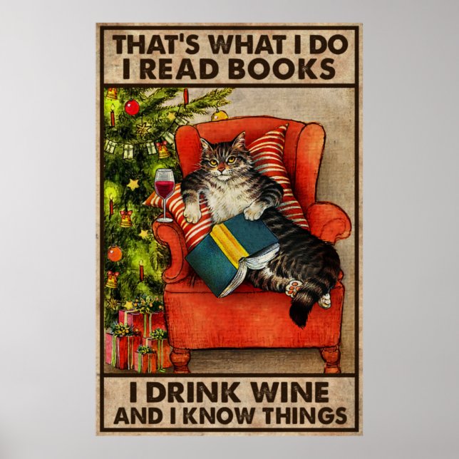 Affiche Chat Lire Les Livres Je Bois Du Vin Et Je Connais  (Devant)