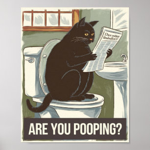 Affiche Chat lisant un journal sur les toilettes - Est-ce