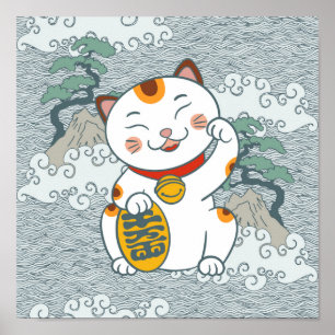 Affiche Chat Lucky Japonais Calico   Maneki Neko Left Paw