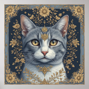 Affiche Chat majestueux avec des détails floraux dorés orn