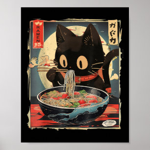 Affiche Chat Manger Ramen Noodle drôle Japonais Kawaii Ani