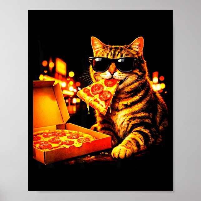 Affiche Chat mème drôle avec lunettes de soleil mange pizz (Devant)
