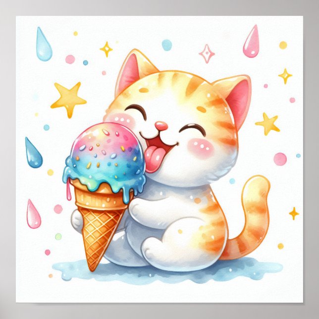 Affiche Chat mignon à l'aquarelle mangeant de la glace Fan (Devant)
