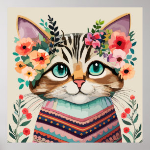 Affiche Chat mignon aquarelle florale
