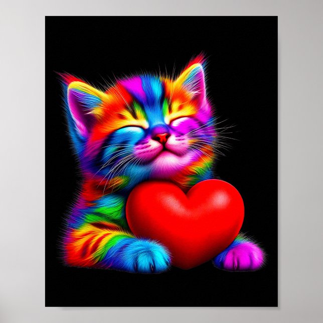 Affiche Chat Mignon Arc-en-Ciel Câlinant la Saint-Valentin (Devant)