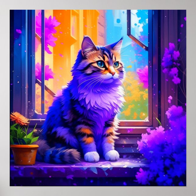 Affiche Chat Mignon Assis dans la Fenêtre Ai Art (Devant)