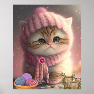 Affiche Chat mignon avec chapeau en tricot rose et écharpe