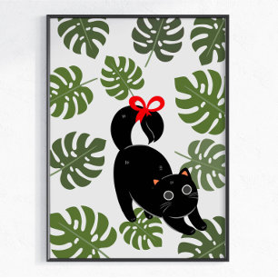 Affiche Chat Mignon Avec Feuilles de Monstera à Nœud