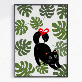Affiche Chat Mignon Avec Feuilles de Monstera à Nœud