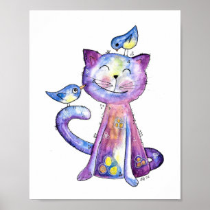 Affiche Chat mignon blanc violet avec oiseaux
