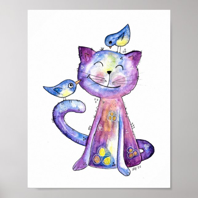 Affiche Chat mignon blanc violet avec oiseaux (Devant)