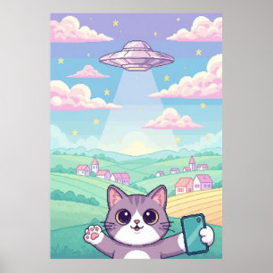 Affiche Chat Mignon en Pixel Art avec un OVNI dans un Ciel