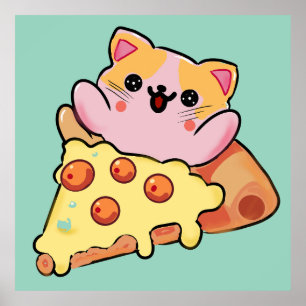 Affiche Chat Mignon Enlacant une Pizza au Pepperoni Dessin