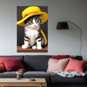 Affiche Chat mignon et adorable en casquette jaune   Art A