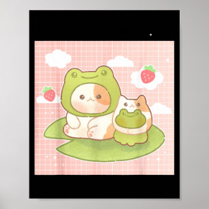 Affiche Chat Mignon Grenouille Fraise Rétro 90s Cottagecor