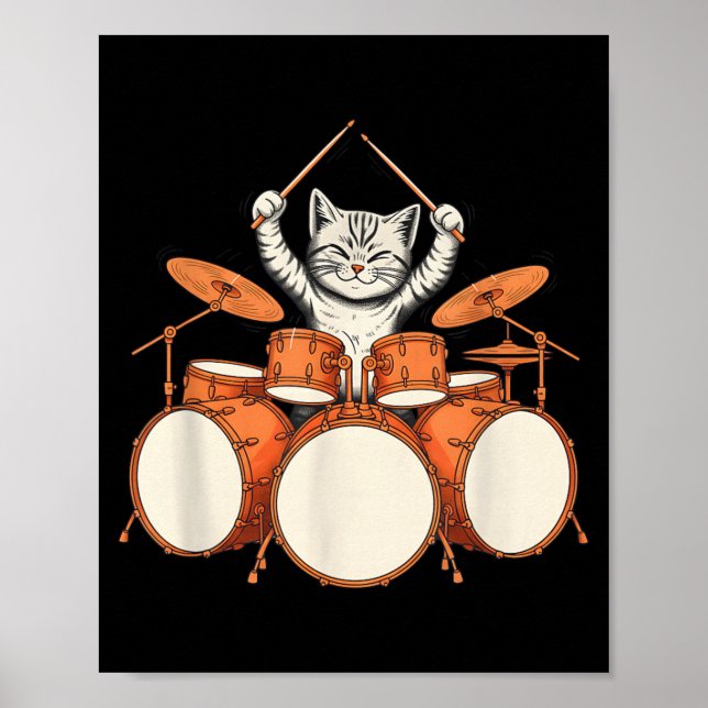 Affiche Chat Mignon Jouant de la Batterie Kit de Batteur D (Devant)