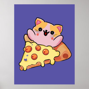 Affiche Chat mignon kawaii serrant une pizza pepperoni de 