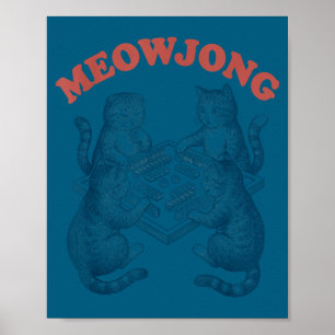 Affiche chat mignon meowjong jouant au mahjong rétro