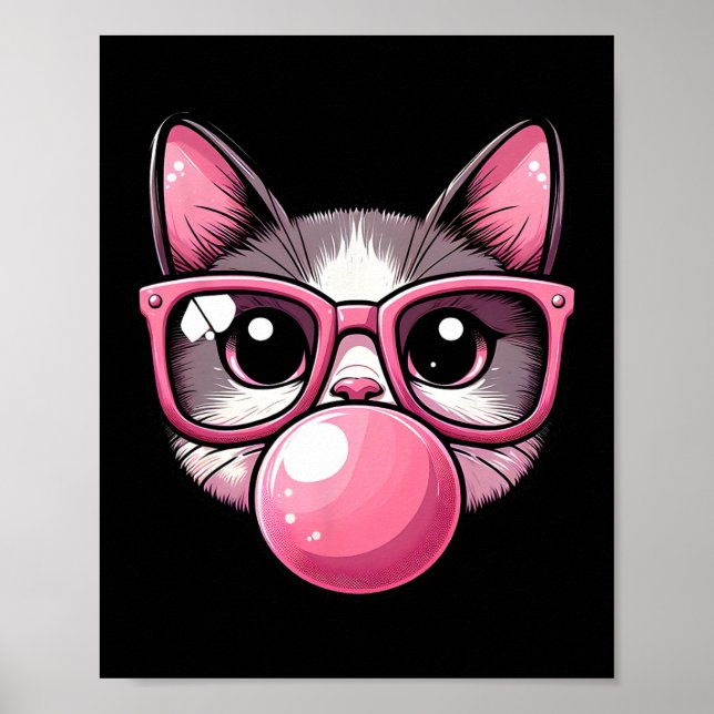 Affiche Chat Mignonne Et Drôle Sungles Roses Et Bulle (Devant)