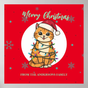 Affiche Chat moderne joyeux rouge flocon de neige Noël cha