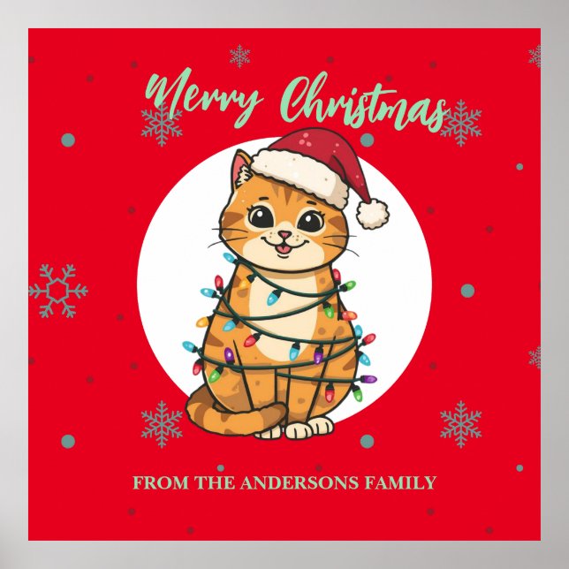 Affiche Chat moderne joyeux rouge flocon de neige Noël cha (Devant)