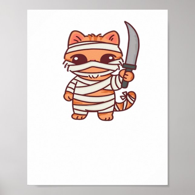 Affiche Chat Mummy Halloween Kawaii avec Épée T-Shirt Clas (Devant)